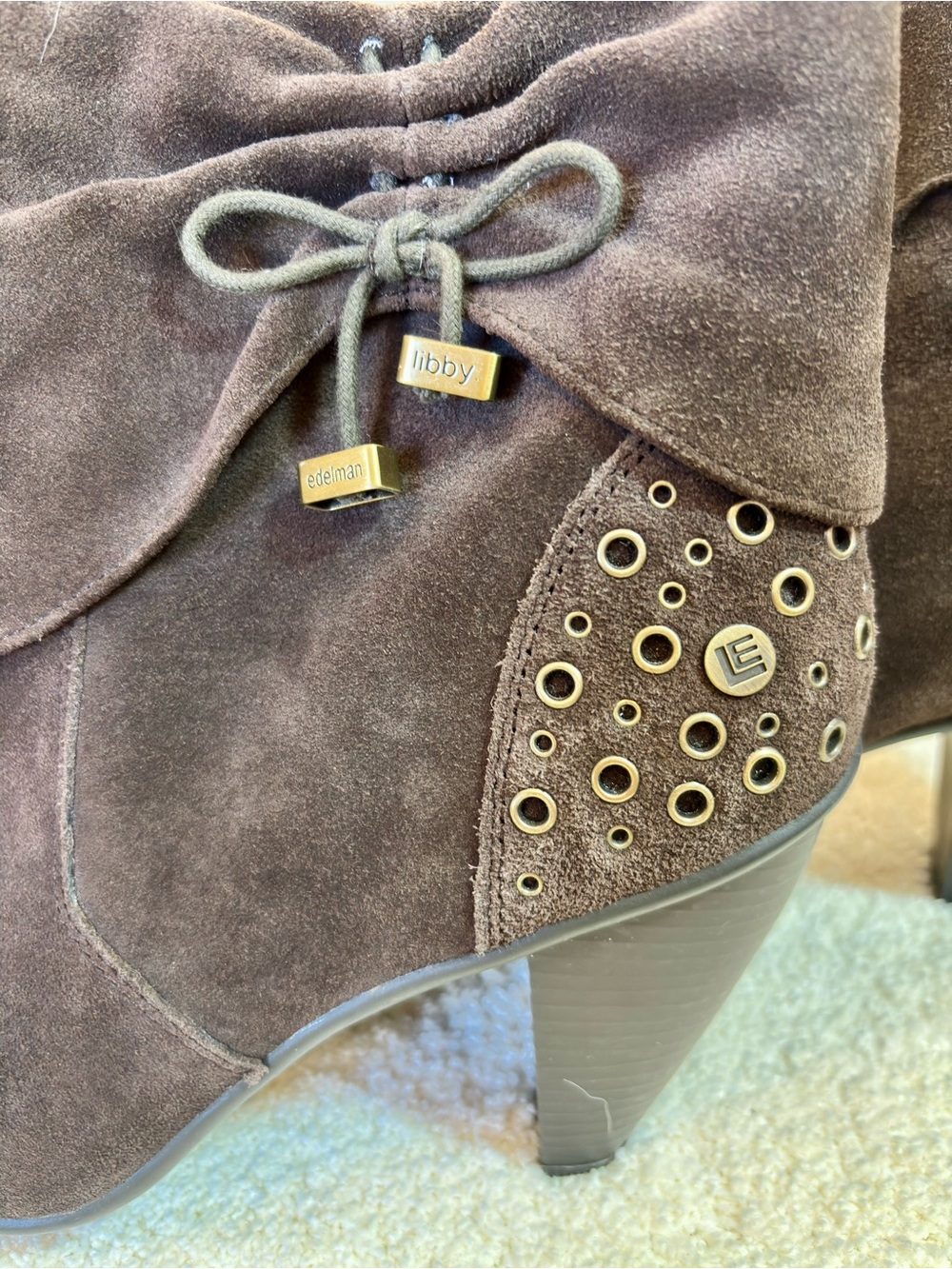 libby. edelman Dark Brown Suede Fold-Over Ankle Booties with Grommet Detail - Picture 4 of 8